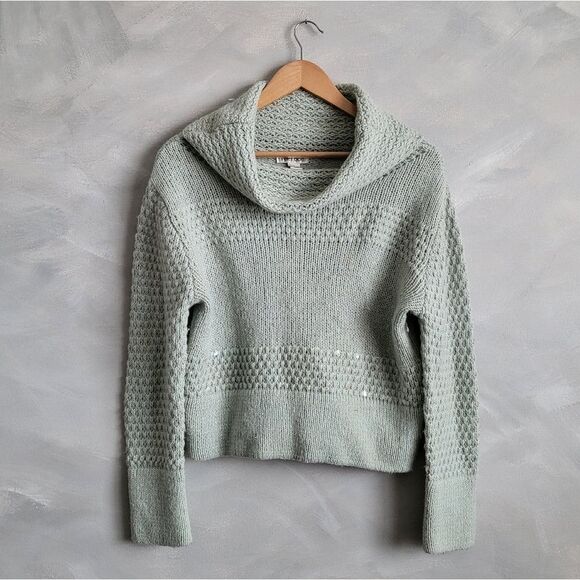 Tyler Boe Icy Blue Wool Blend Sweater Size Large Shimmer Cowl Neck Sequin - Picture 1 of 13